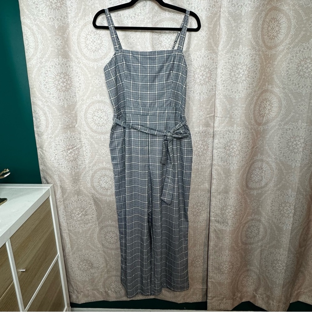 Abercrombie & Fitch Navy Yellow Checkered Plaid Sleeveless Jumpsuit w/ Tie Waist